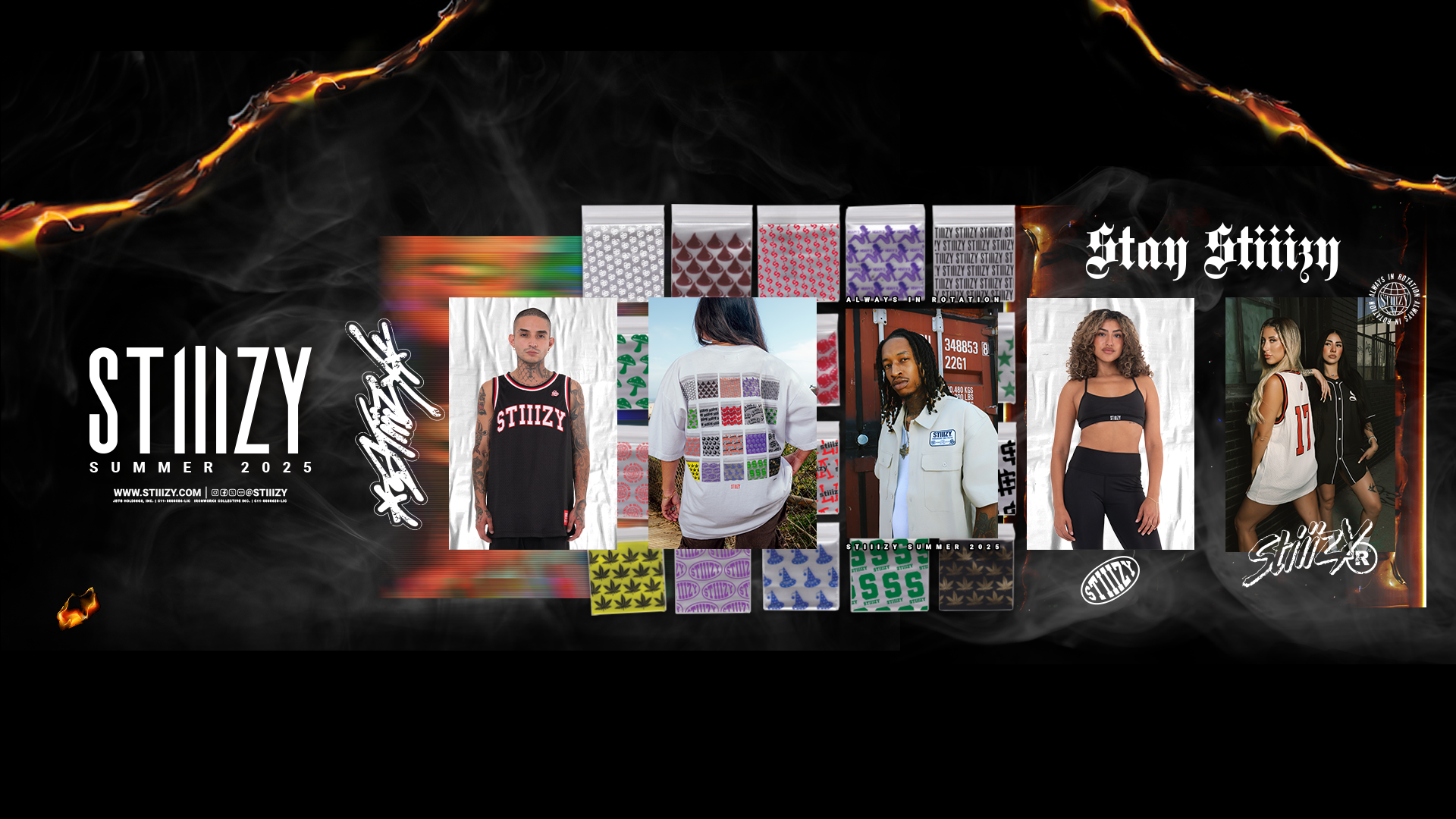 Original STIIIZY Summer 2025 campaign artwork with apparel photography