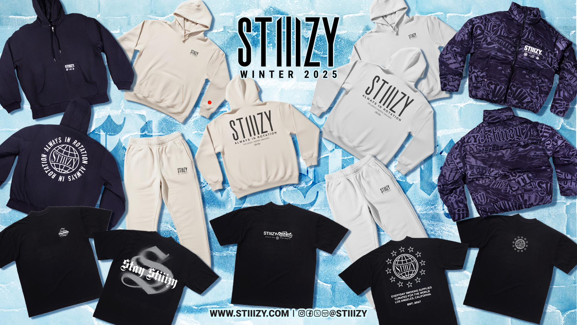 STIIIZY Winter 2025 campaign artwork showing hoodies, outerwear and graphic tees