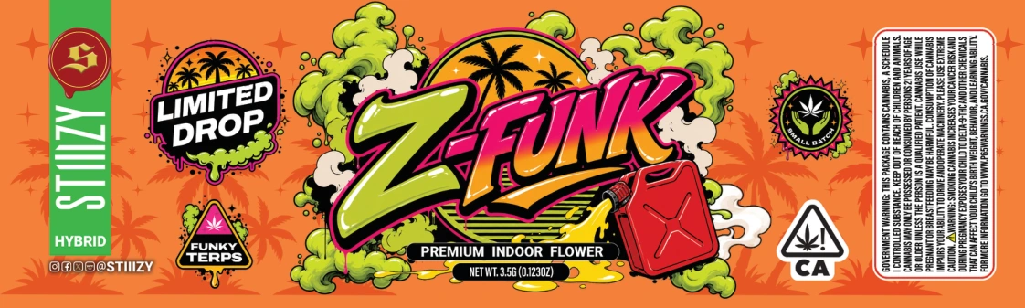Finished orange Z-Funk label wrap with palm trees, fuel can and green smoke