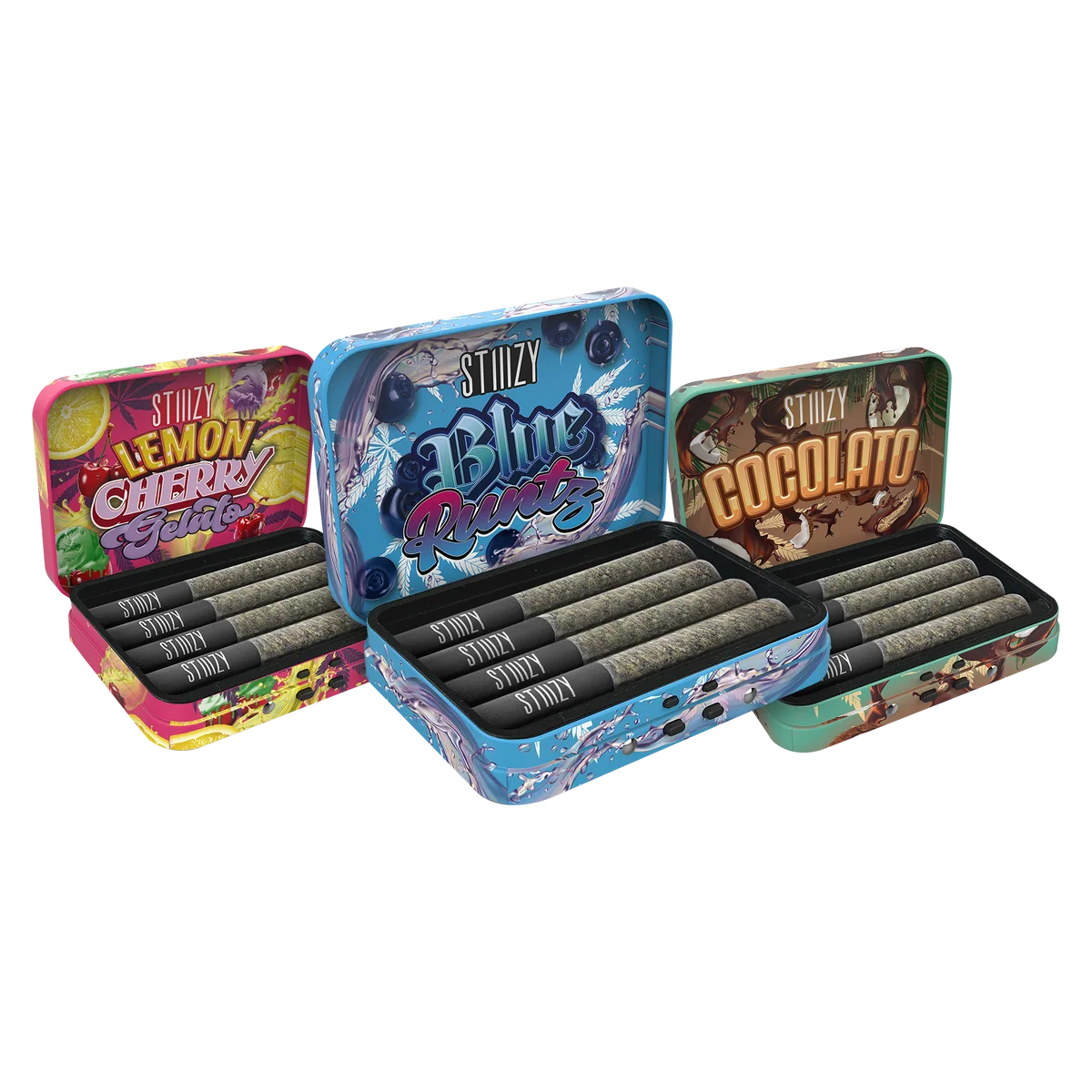 Exotics preroll tins with the full packaging artwork and product